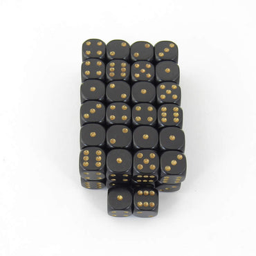 WCXDQ1228E50 Black Opaque Dice Gold Pips D6 12mm Bulk Pack of 50 (ONLINE ORDER ONLY)