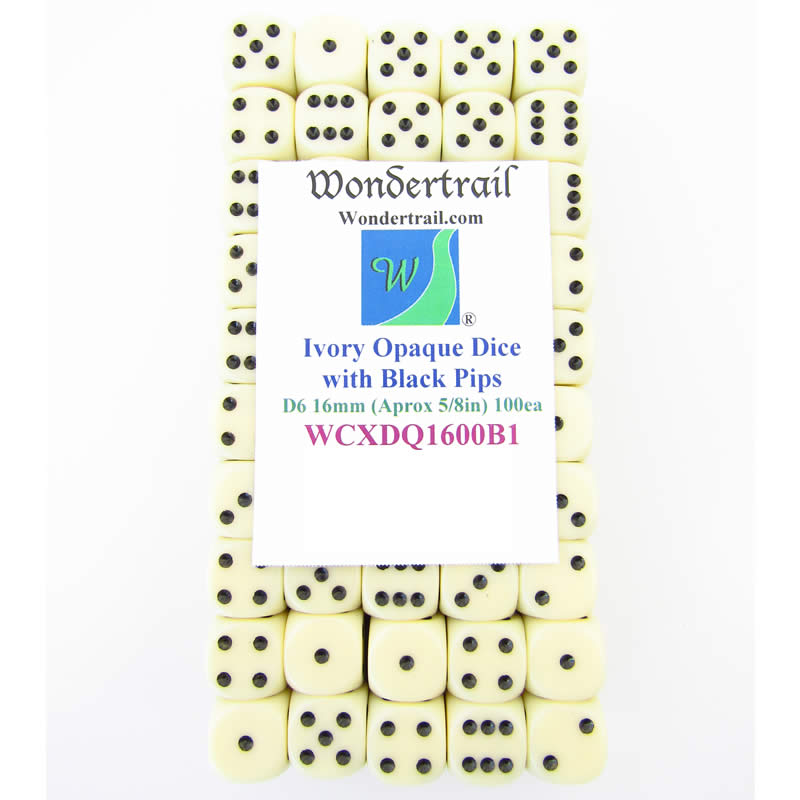 WCXDQ1600B1 Ivory Opaque Dice Black Pips D6 16mm (5/8in) Pack Of 100 (ONLINE ORDER ONLY)