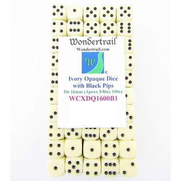 WCXDQ1600B1 Ivory Opaque Dice Black Pips D6 16mm (5/8in) Pack Of 100 (ONLINE ORDER ONLY)