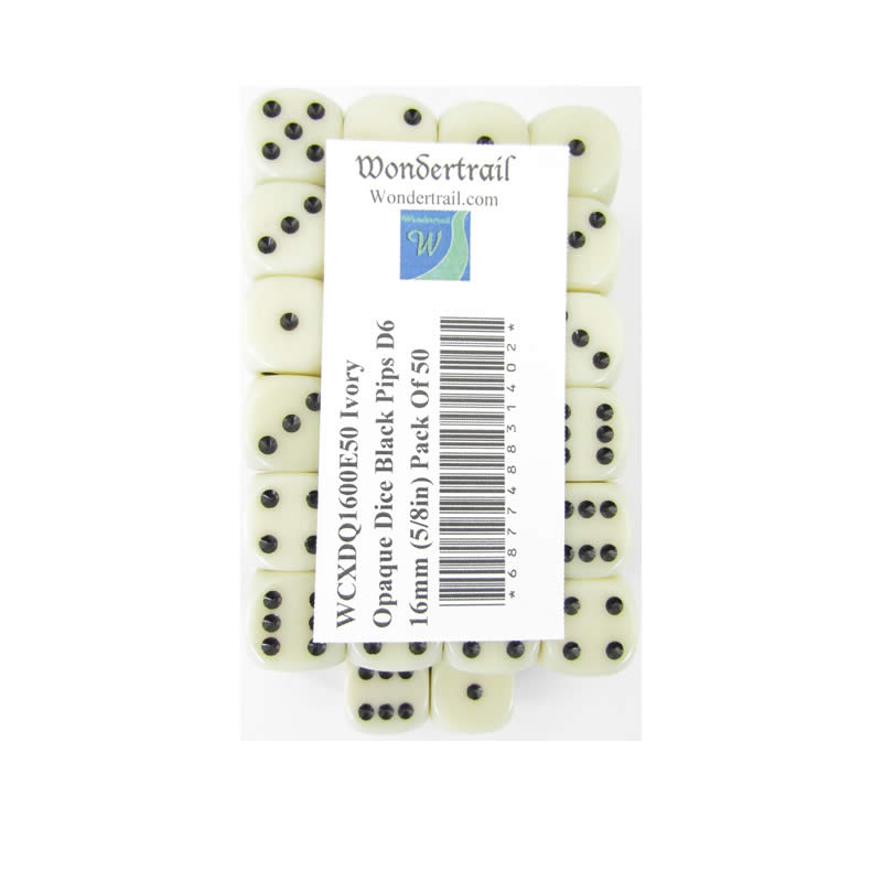 WCXDQ1600E50 Ivory Opaque Dice Black Pips D6 16mm (5/8in) Pack Of 50 (ONLINE ORDER ONLY)