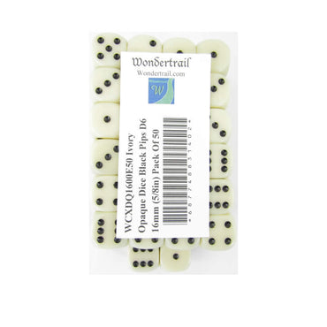 WCXDQ1600E50 Ivory Opaque Dice Black Pips D6 16mm (5/8in) Pack Of 50 (ONLINE ORDER ONLY)