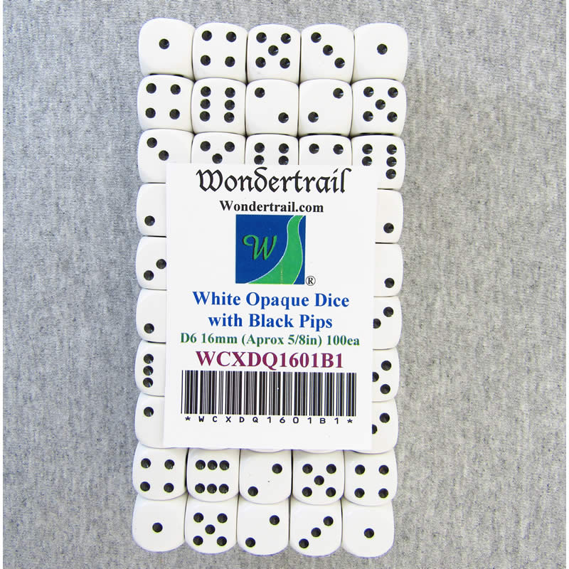 WCXDQ1601B1 White Opaque Dice Black Pips D6 16mm (5/8in) Pack Of 100 (ONLINE ORDER ONLY)