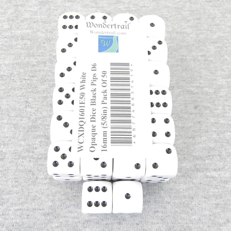 WCXDQ1601E50 White Opaque Dice Black Pips D6 16mm (5/8in) Pack Of 50 (ONLINE ORDER ONLY)