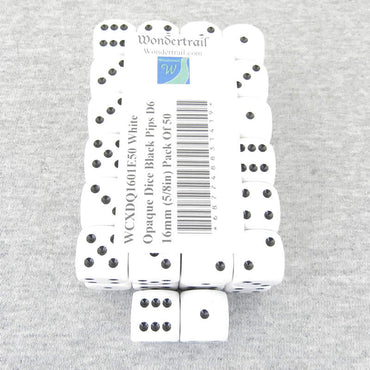 WCXDQ1601E50 White Opaque Dice Black Pips D6 16mm (5/8in) Pack Of 50 (ONLINE ORDER ONLY)