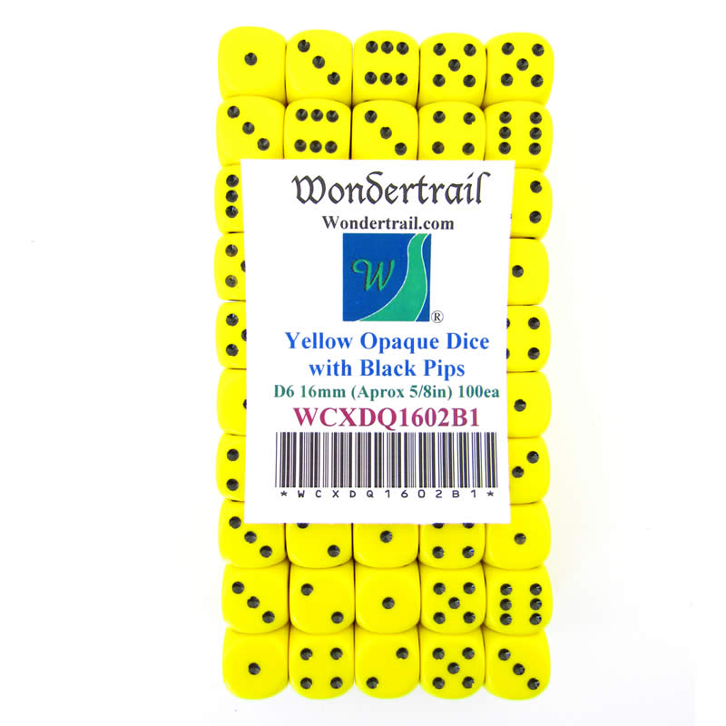 WCXDQ1602B1 Yellow Opaque Dice Black Pips D6 16mm Pack Of 100 (ONLINE ORDER ONLY)