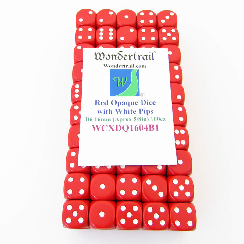 WCXDQ1604B1 Red Opaque Dice White Pips D6 16mm (5/8in) Pack Of 100 (ONLINE ORDER ONLY)