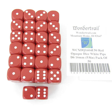 WCXDQ1604E50 Red Opaque Dice White Pips D6 16mm (5/8in) Pack Of 50 (ONLINE ORDER ONLY)