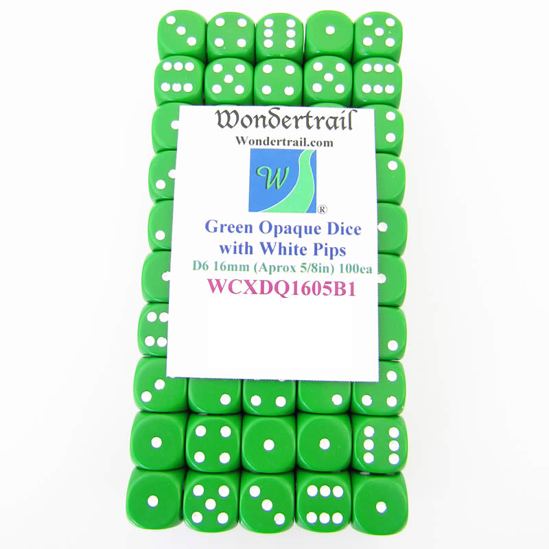 WCXDQ1605B1 Green Opaque Dice White Pips D6 16mm Pack Of 100 (ONLINE ORDER ONLY)
