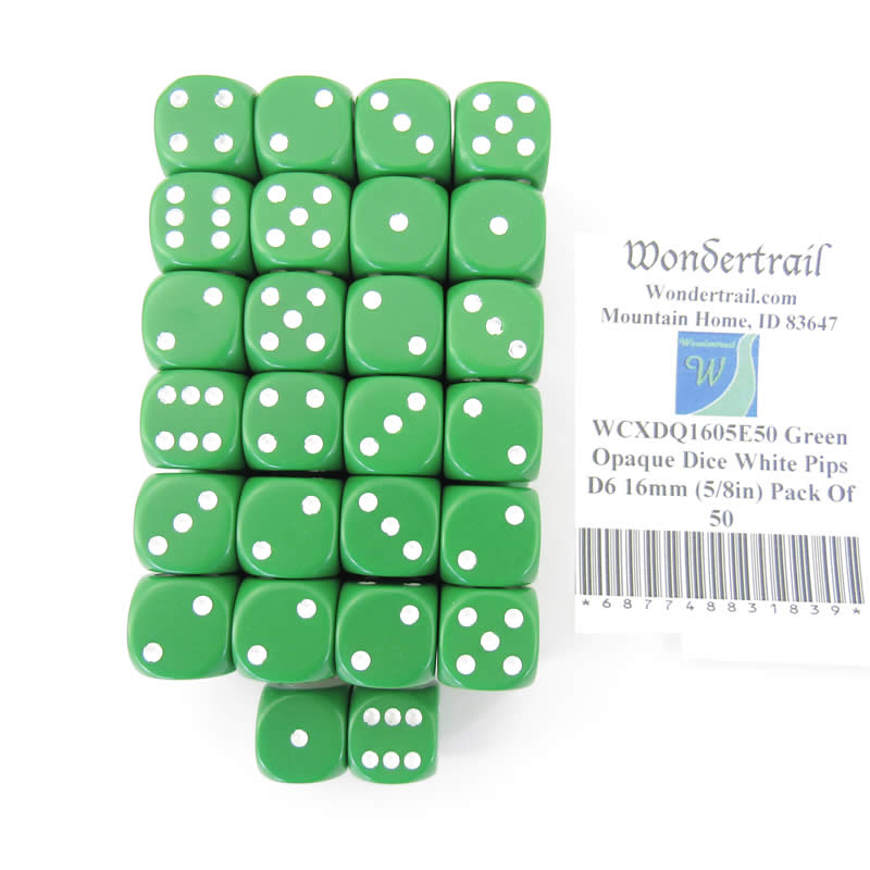WCXDQ1605E50 Green Opaque Dice White Pips D6 16mm (5/8in) Pack Of 50 (ONLINE ORDER ONLY)