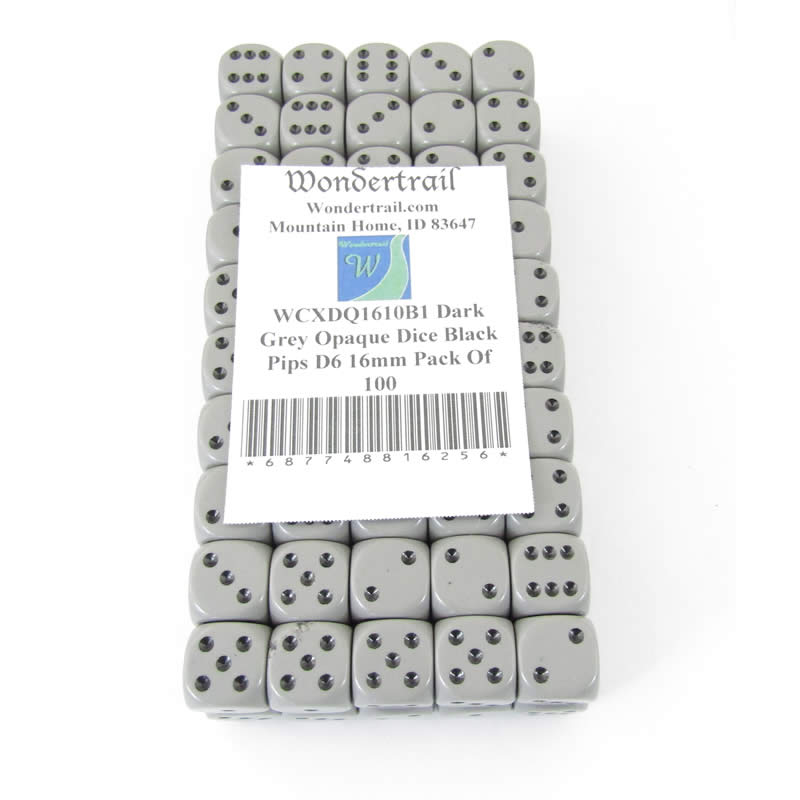 WCXDQ1610B1 Dark Grey Opaque Dice Black Pips D6 16mm Pack Of 100 (ONLINE ORDER ONLY)