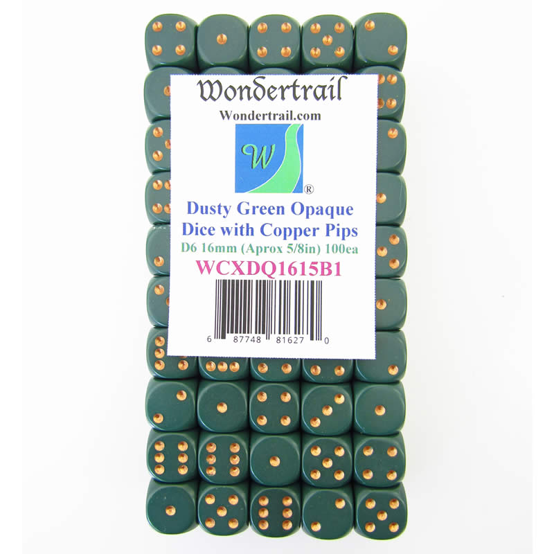 WCXDQ1615B1 Dusty Green Opaque Dice Copper Pips D6 16mm Pack Of 100 (ONLINE ORDER ONLY)