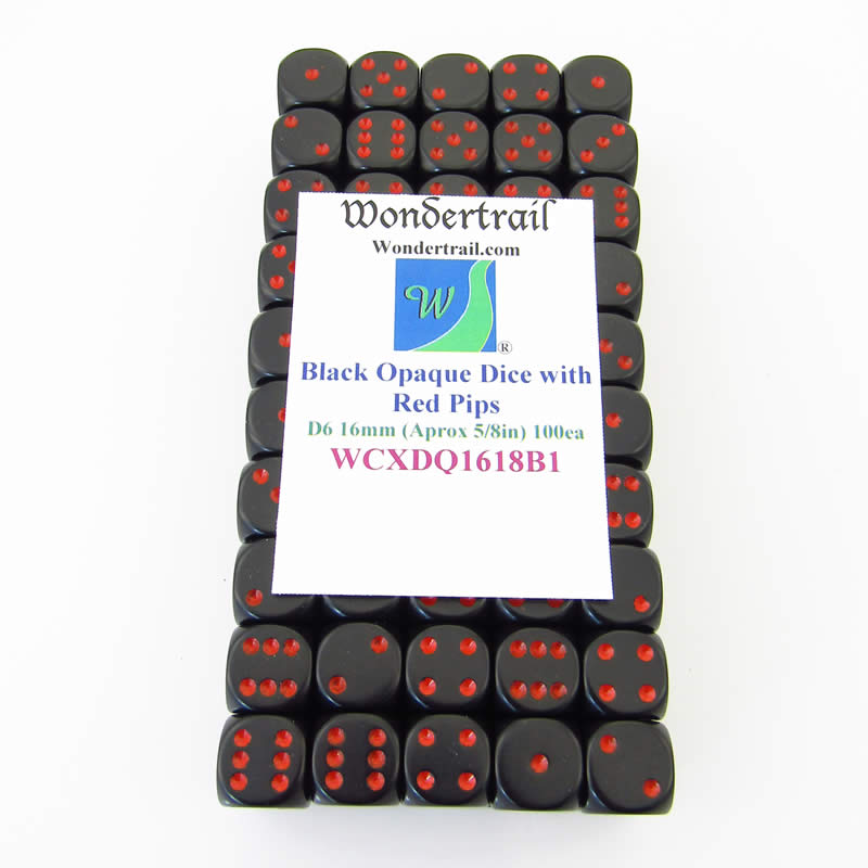WCXDQ1618B1 Black Opaque Dice Red Pips D6 16mm (5/8in) Pack Of 100 (ONLINE ORDER ONLY)