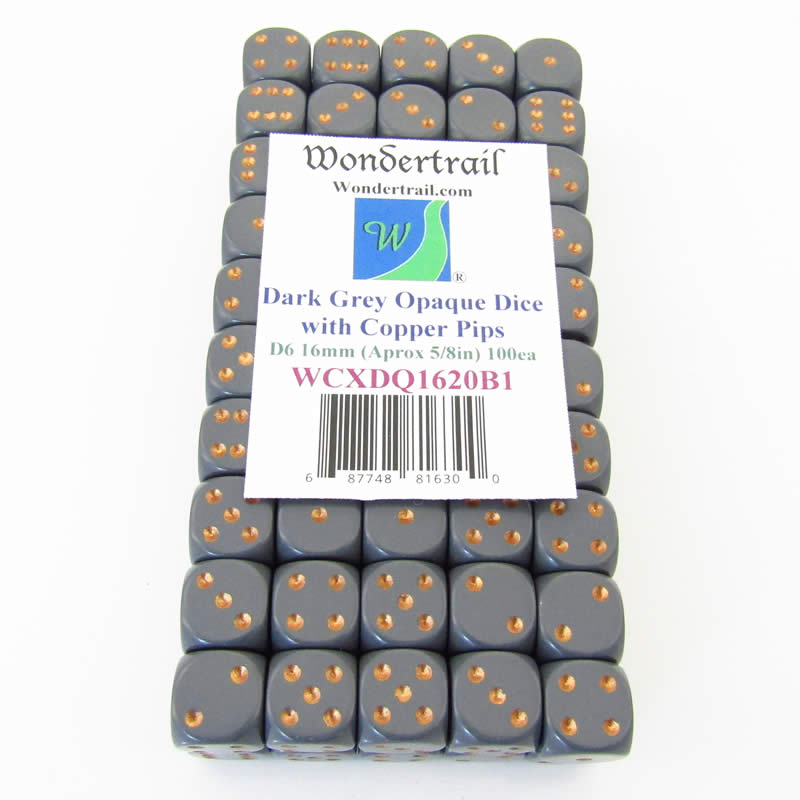 WCXDQ1620B1 Dark Grey Opaque Dice Copper Pips D6 16mm Pack Of 100 (ONLINE ORDER ONLY)