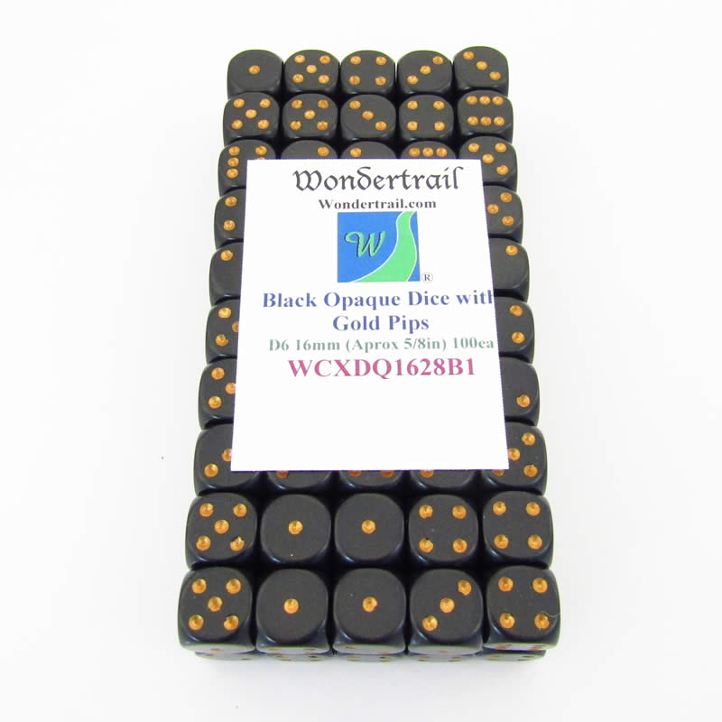 WCXDQ1628B1 Black Opaque Dice Gold Pips D6 16mm (5/8in) Pack Of 100 (ONLINE ORDER ONLY)