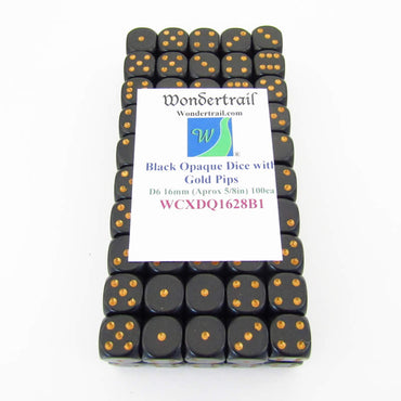 WCXDQ1628B1 Black Opaque Dice Gold Pips D6 16mm (5/8in) Pack Of 100 (ONLINE ORDER ONLY)