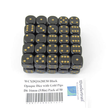 WCXDQ1628E50 Black Opaque Dice with Gold Pips D6 16mm (5/8in) Pack of 50 (ONLINE ORDER ONLY)