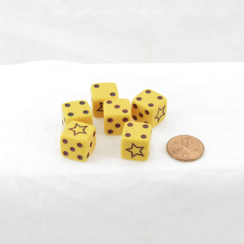 WCXDQST02E6 Yellow Opaque Dice with Black Pips and Star D6 16mm (5/8in) Pack of 6 (ONLINE ORDER ONLY)