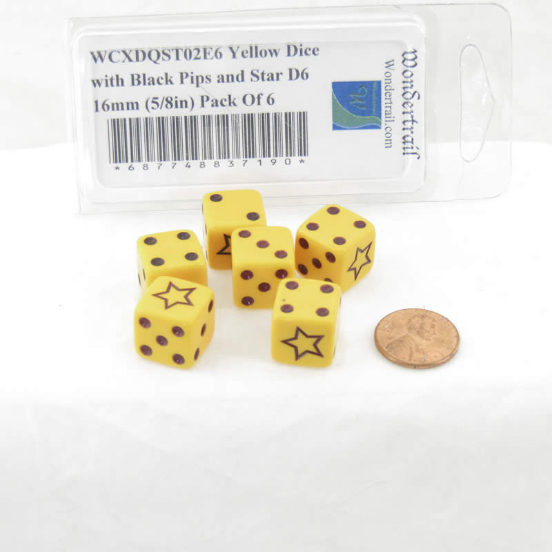 WCXDQST02E6 Yellow Opaque Dice with Black Pips and Star D6 16mm (5/8in) Pack of 6 (ONLINE ORDER ONLY)