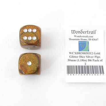 WCXDR3003EE2 Gold Glitter Dice Silver Pips 30mm (1.18in) D6 Pack of 2 (ONLINE ORDER ONLY)