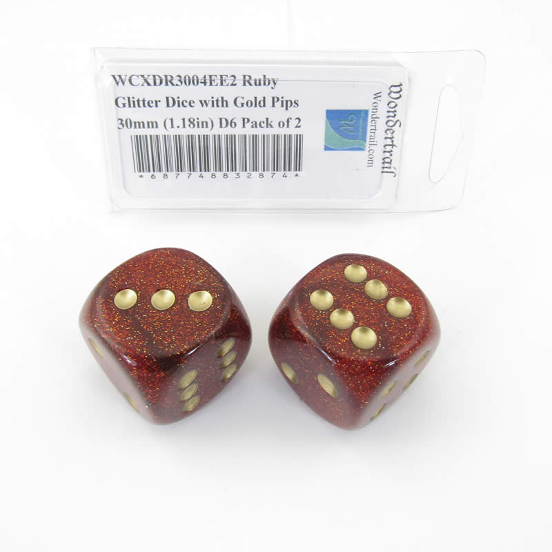 WCXDR3004EE2 Ruby Glitter Dice with Gold Pips 30mm (1.18in) D6 Pack of 2 (ONLINE ORDER ONLY)