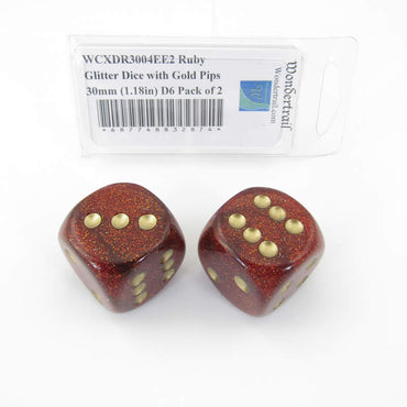WCXDR3004EE2 Ruby Glitter Dice with Gold Pips 30mm (1.18in) D6 Pack of 2 (ONLINE ORDER ONLY)
