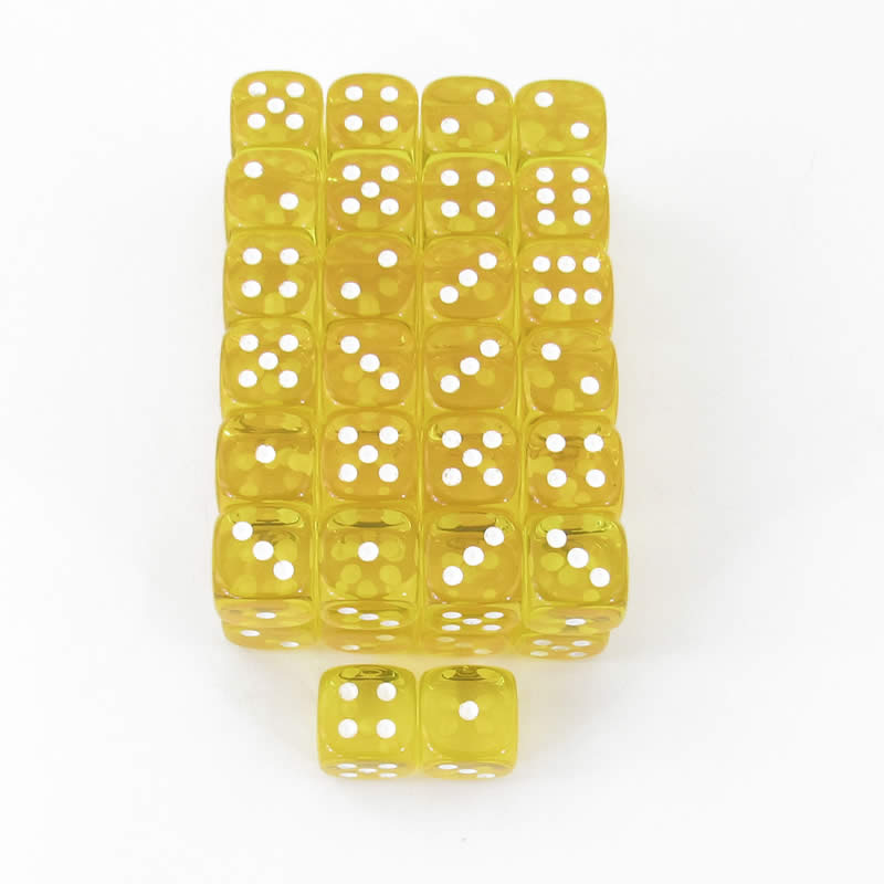 WCXDT1202E50 Yellow Translucent Dice White Pips D6 12mm Pack of 50 (ONLINE ORDER ONLY)