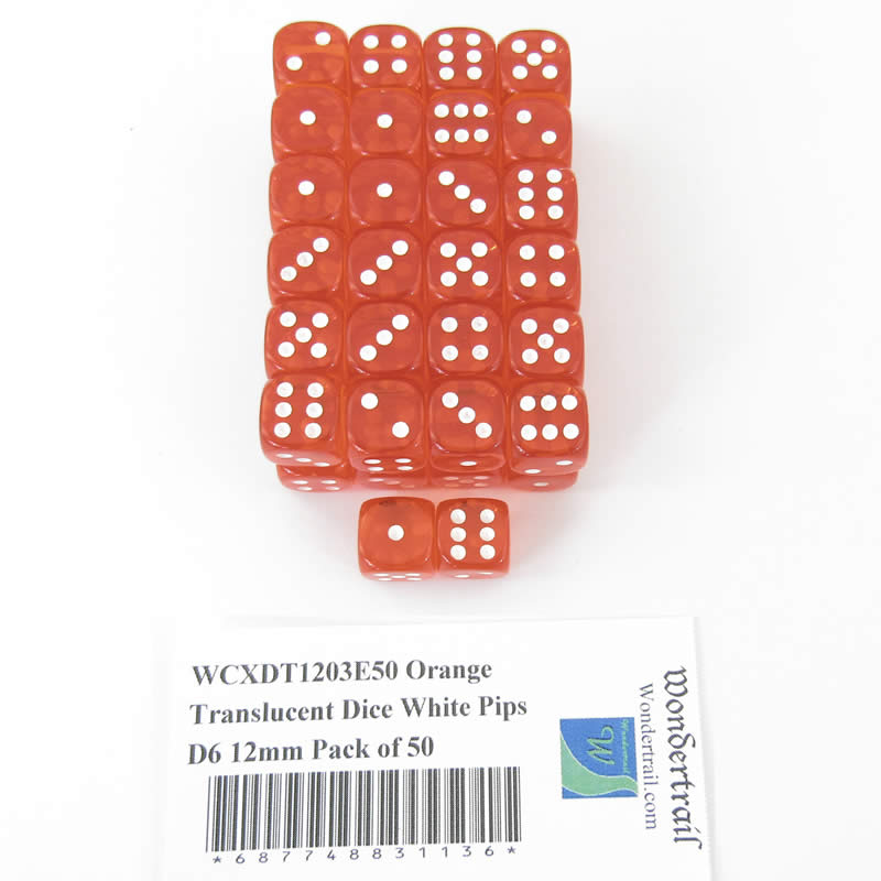 WCXDT1203E50 Orange Translucent Dice White Pips D6 12mm Pack of 50 (ONLINE ORDER ONLY)