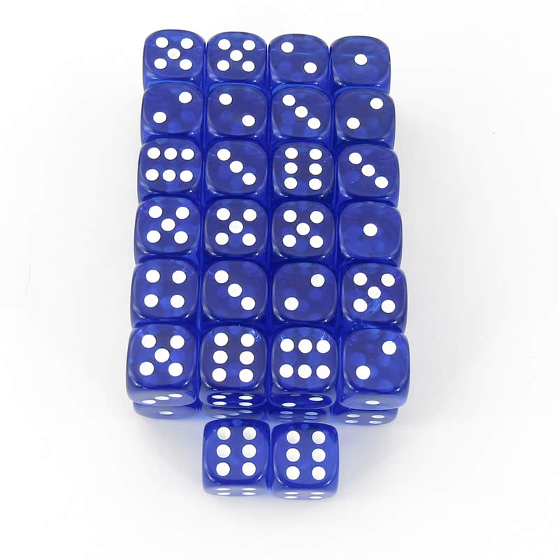 WCXDT1206E50 Blue Translucent Dice White Pips D6 12mm (1/2in) Pack of 50 (ONLINE ORDER ONLY)
