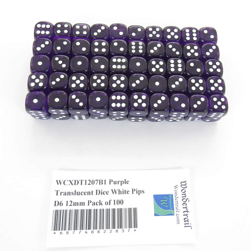 WCXDT1207B1 Purple Translucent Dice White Pips D6 12mm Pack of 100 (ONLINE ORDER ONLY)