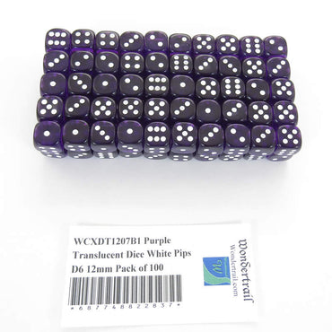 WCXDT1207B1 Purple Translucent Dice White Pips D6 12mm Pack of 100 (ONLINE ORDER ONLY)