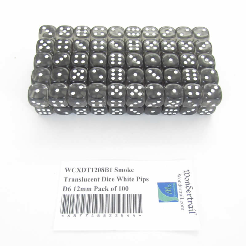 WCXDT1208B1 Smoke Translucent Dice White Pips D6 12mm Pack of 100 (ONLINE ORDER ONLY)