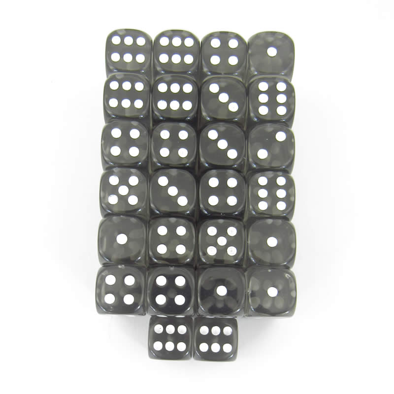 WCXDT1208E50 Smoke Translucent Dice White Pips D6 12mm Pack of 50 (ONLINE ORDER ONLY)