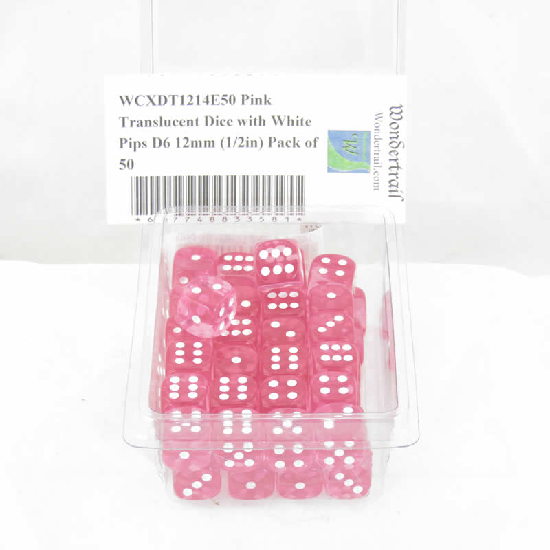 WCXDT1214E50 Pink Translucent Dice with White Pips D6 12mm (1/2in) Pack of 50 (ONLINE ORDER ONLY)
