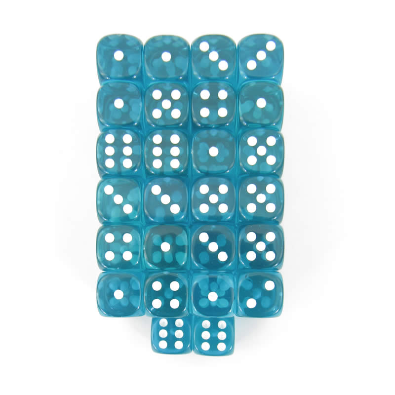 WCXDT1215E50 Teal Translucent Dice White Pips D6 12mm Pack of 50 (ONLINE ORDER ONLY)