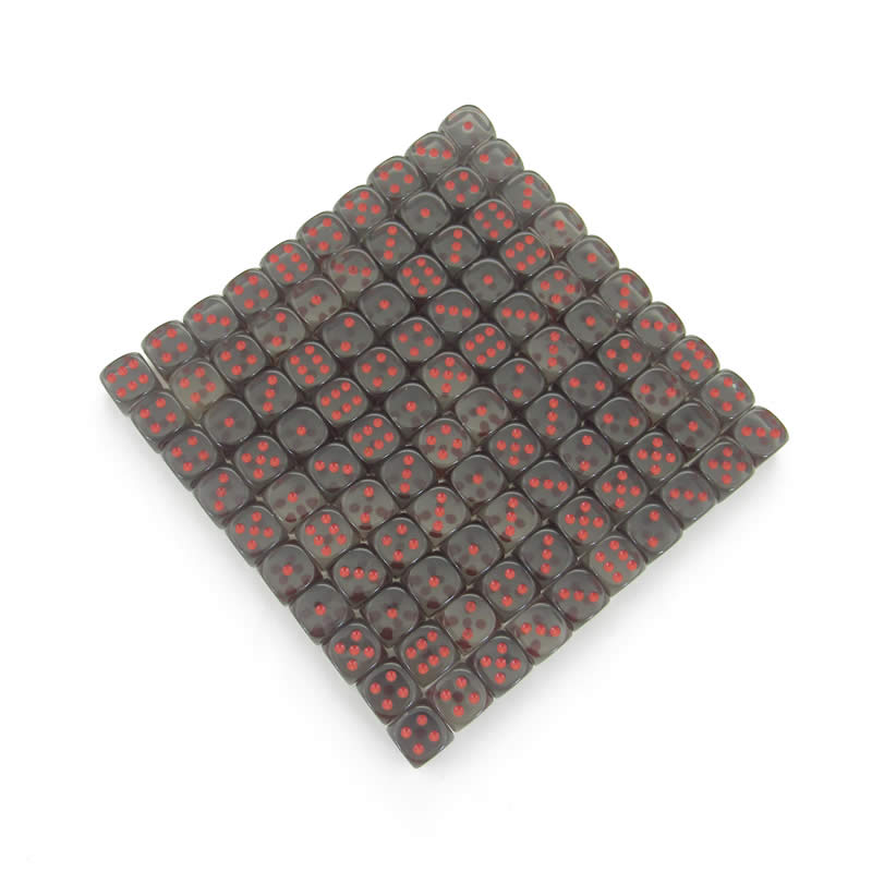 WCXDT1218B1 Smoke Translucent Dice Red Pips D6 12mm Pack of 100 (ONLINE ORDER ONLY)