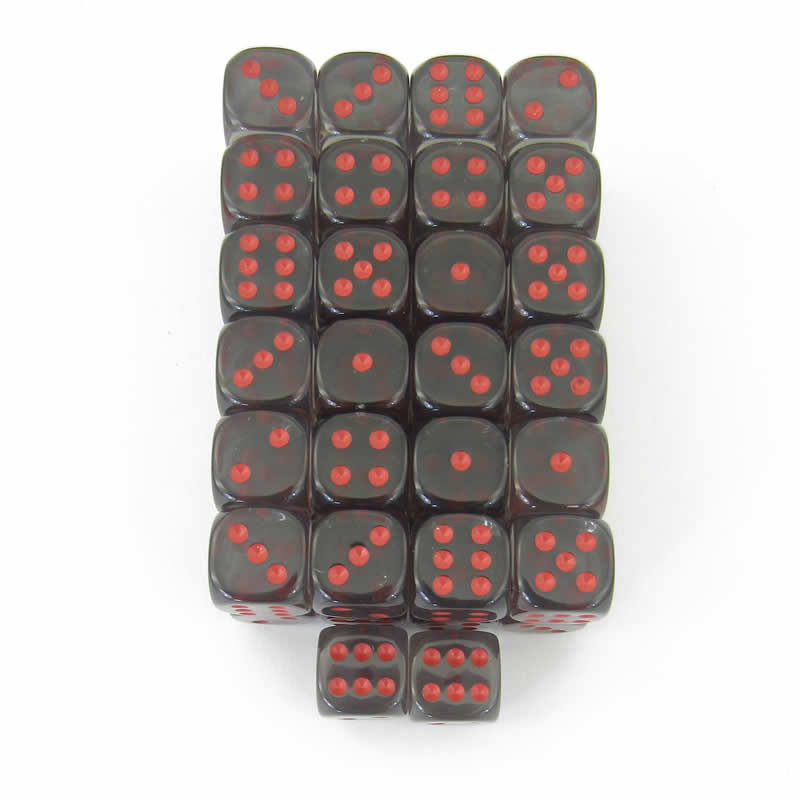 WCXDT1218E50 Smoke Translucent Dice Red Pips D6 12mm Pack of 50 (ONLINE ORDER ONLY)