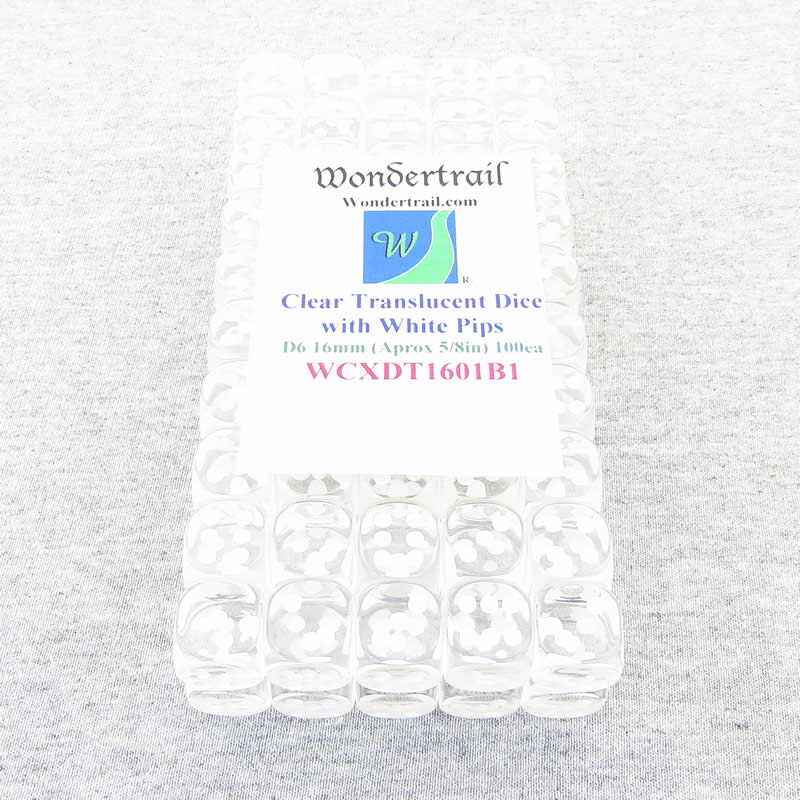 WCXDT1601B1 Clear Translucent Dice White Pips D6 16mm Pack Of 100 (ONLINE ORDER ONLY)
