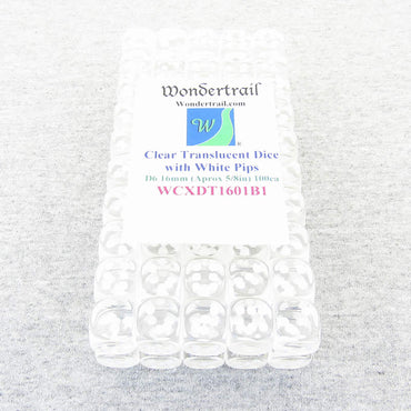 WCXDT1601B1 Clear Translucent Dice White Pips D6 16mm Pack Of 100 (ONLINE ORDER ONLY)