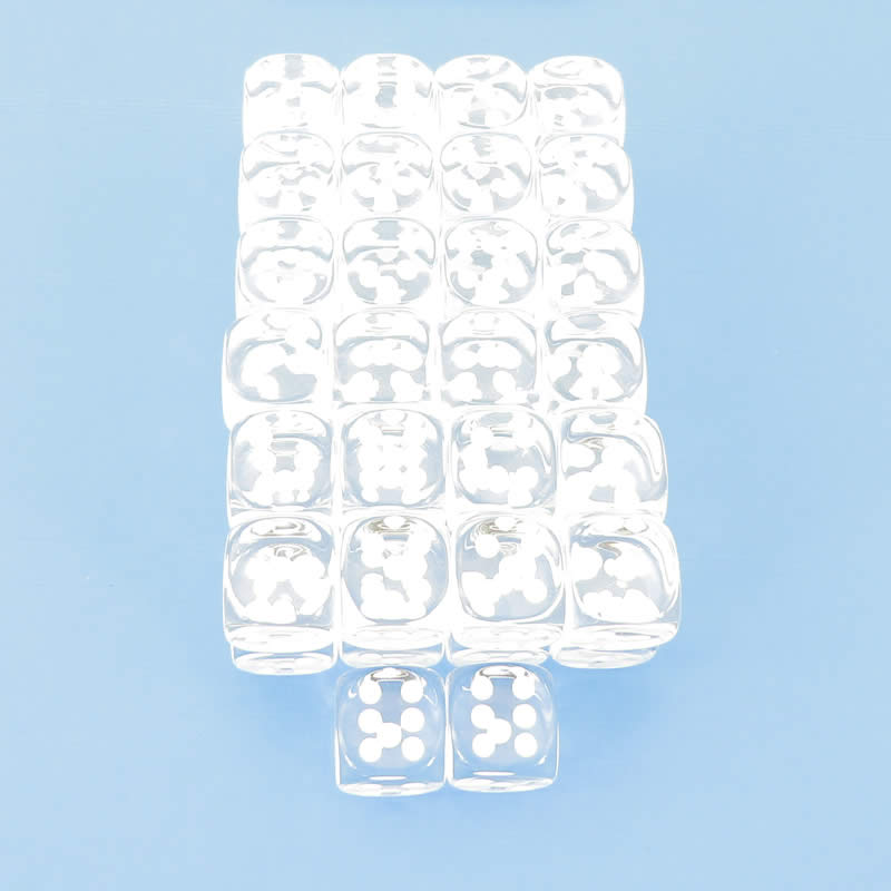 WCXDT1601E50 Clear Translucent Dice White Pips D6 16mm Pack Of 50 (ONLINE ORDER ONLY)