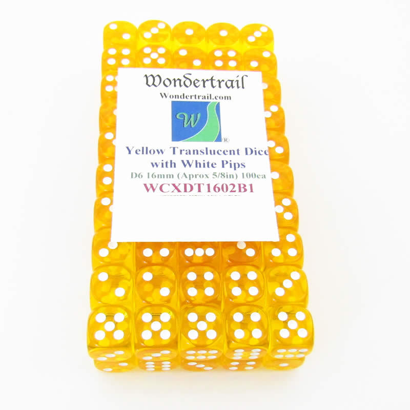 WCXDT1602B1 Yellow Translucent Dice White Pips D6 16mm Pack Of 100 (ONLINE ORDER ONLY)