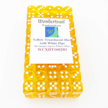 WCXDT1602B1 Yellow Translucent Dice White Pips D6 16mm Pack Of 100 (ONLINE ORDER ONLY)