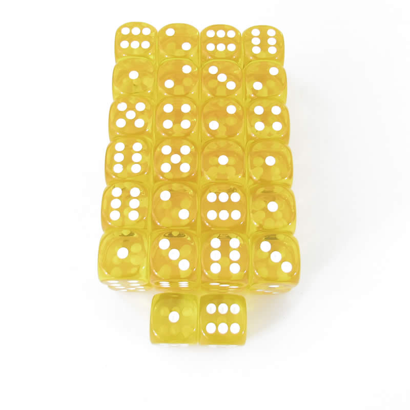 WCXDT1602E50 Yellow Translucent Dice White Pips D6 16mm Pack Of 50 (ONLINE ORDER ONLY)