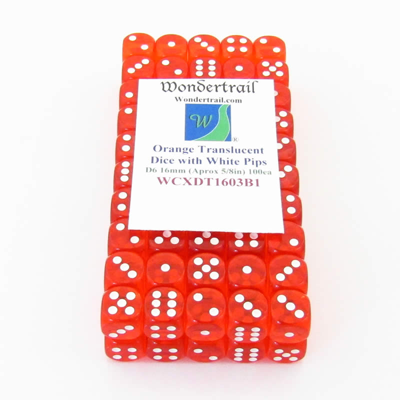 WCXDT1603B1 Orange Translucent Dice White Pips D6 16mm Pack of 100 (ONLINE ORDER ONLY)