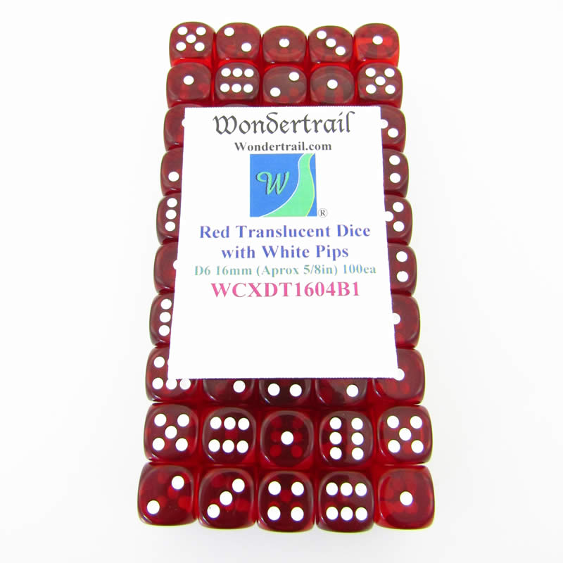 WCXDT1604B1 Red Translucent Dice White Pips D6 16mm Pack of 100 (ONLINE ORDER ONLY)