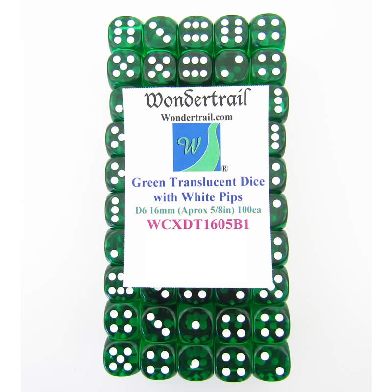WCXDT1605B1 Green Translucent Dice White Pips D6 16mm Pack of 100 (ONLINE ORDER ONLY)