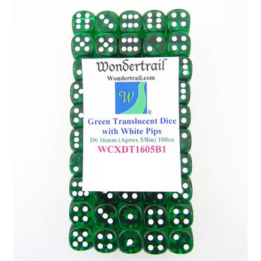WCXDT1605B1 Green Translucent Dice White Pips D6 16mm Pack of 100 (ONLINE ORDER ONLY)