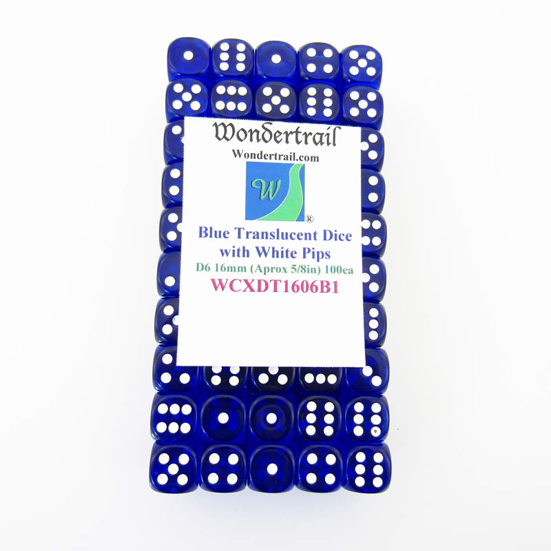 WCXDT1606B1 Blue Translucent Dice White Pips D6 16mm Pack of 100 (ONLINE ORDER ONLY)