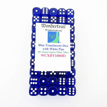WCXDT1606B1 Blue Translucent Dice White Pips D6 16mm Pack of 100 (ONLINE ORDER ONLY)