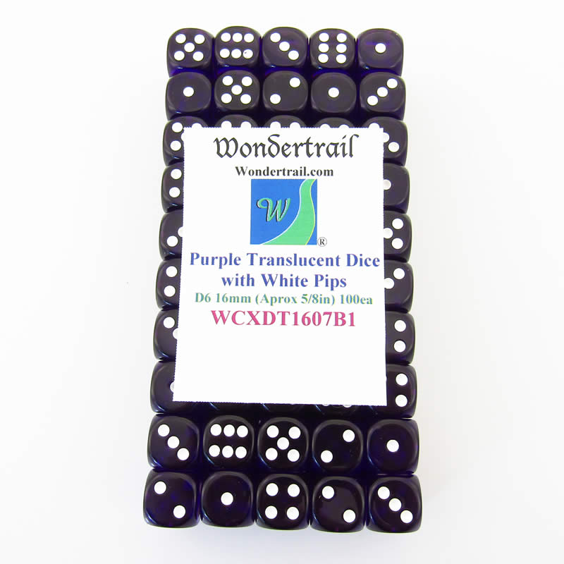 WCXDT1607B1 Purple Translucent Dice White Pips D6 16mm Pack of 100 (ONLINE ORDER ONLY)