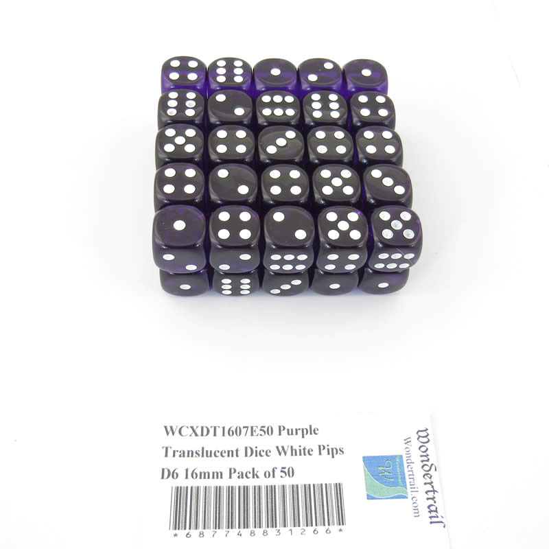 WCXDT1607E50 Purple Translucent Dice White Pips D6 16mm Pack of 50 (ONLINE ORDER ONLY)